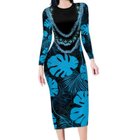 Blue Hawaii Kukui Nut Lei Family Matching Long Sleeve Bodycon Dress and Hawaiian Shirt Hawaiian Pattern Monstera Tropical Vibes - Polynesian Pride