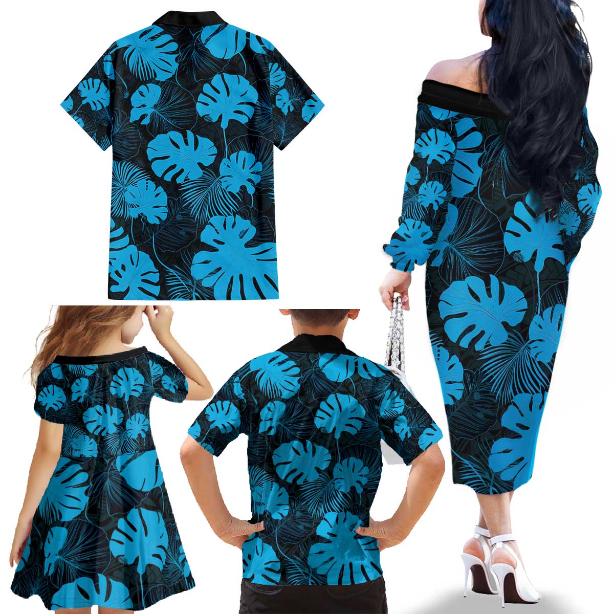 Blue Hawaii Kukui Nut Lei Family Matching Off The Shoulder Long Sleeve Dress and Hawaiian Shirt Hawaiian Pattern Monstera Tropical Vibes - Polynesian Pride