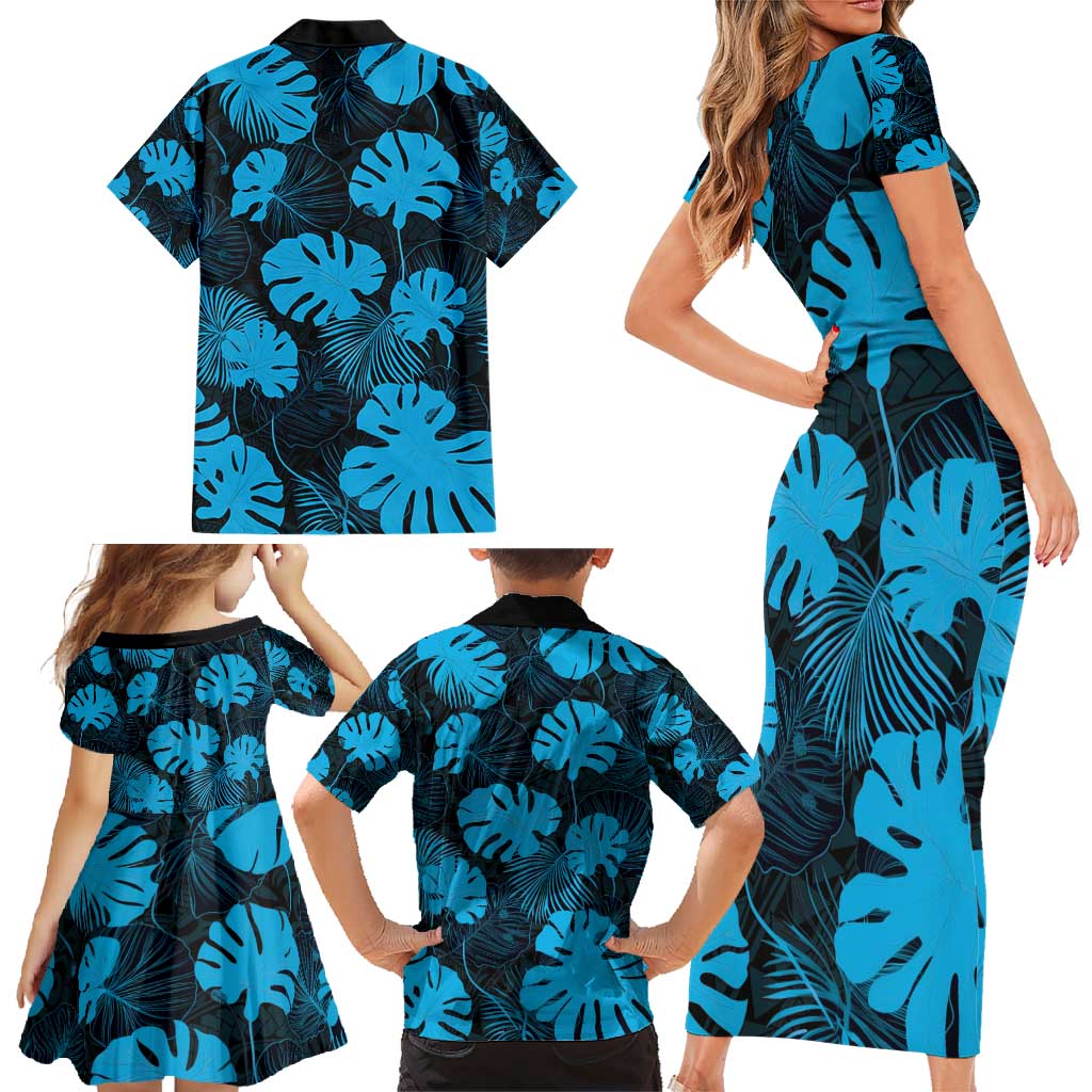 Blue Hawaii Kukui Nut Lei Family Matching Short Sleeve Bodycon Dress and Hawaiian Shirt Hawaiian Pattern Monstera Tropical Vibes - Polynesian Pride
