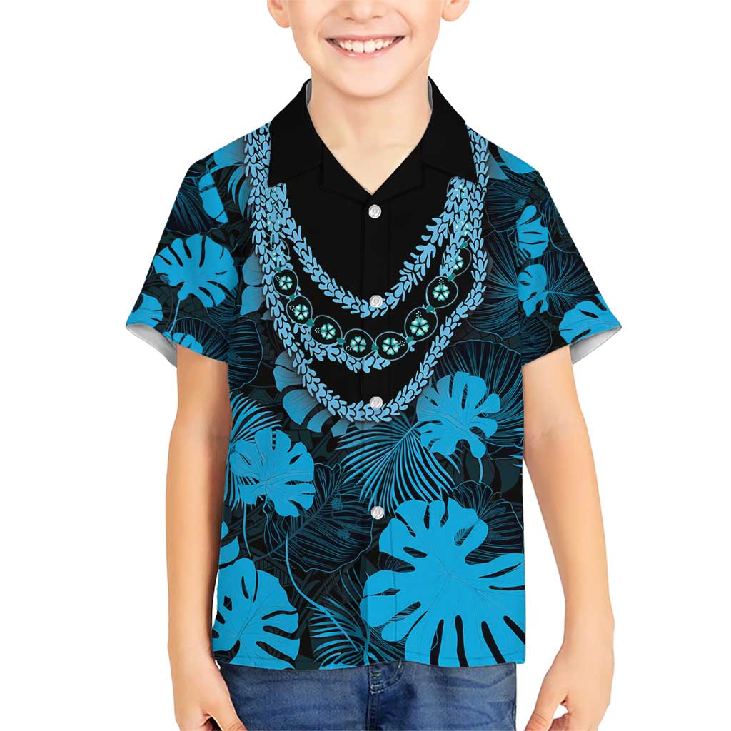 Blue Hawaii Kukui Nut Lei Family Matching Short Sleeve Bodycon Dress and Hawaiian Shirt Hawaiian Pattern Monstera Tropical Vibes - Polynesian Pride