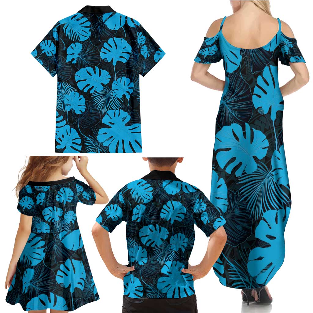 Blue Hawaii Kukui Nut Lei Family Matching Summer Maxi Dress and Hawaiian Shirt Hawaiian Pattern Monstera Tropical Vibes - Polynesian Pride