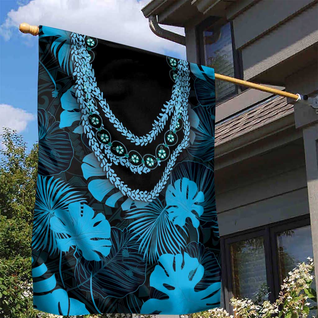 Blue Hawaii Kukui Nut Lei Garden Flag Hawaiian Pattern Monstera Tropical Vibes - Polynesian Pride