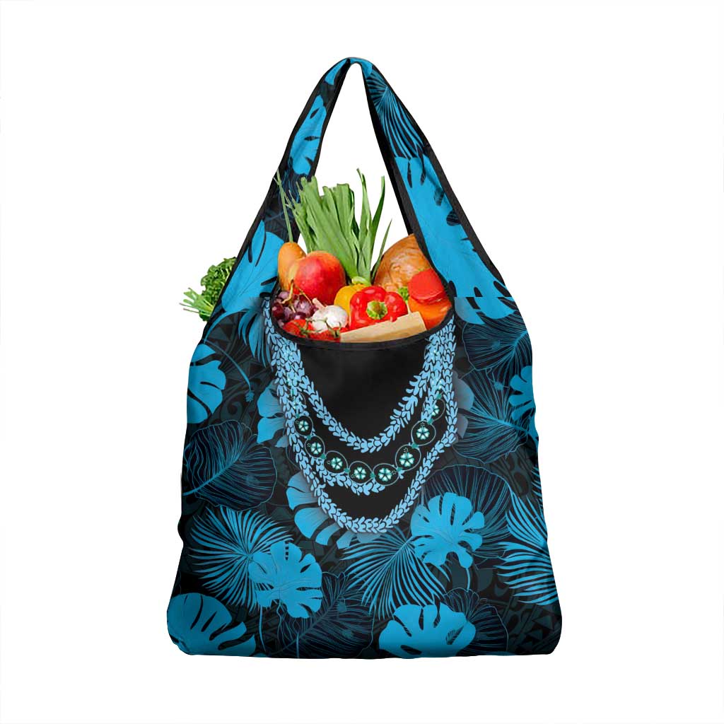 Blue Hawaii Kukui Nut Lei Grocery Bag Hawaiian Pattern Monstera Tropical Vibes - Polynesian Pride