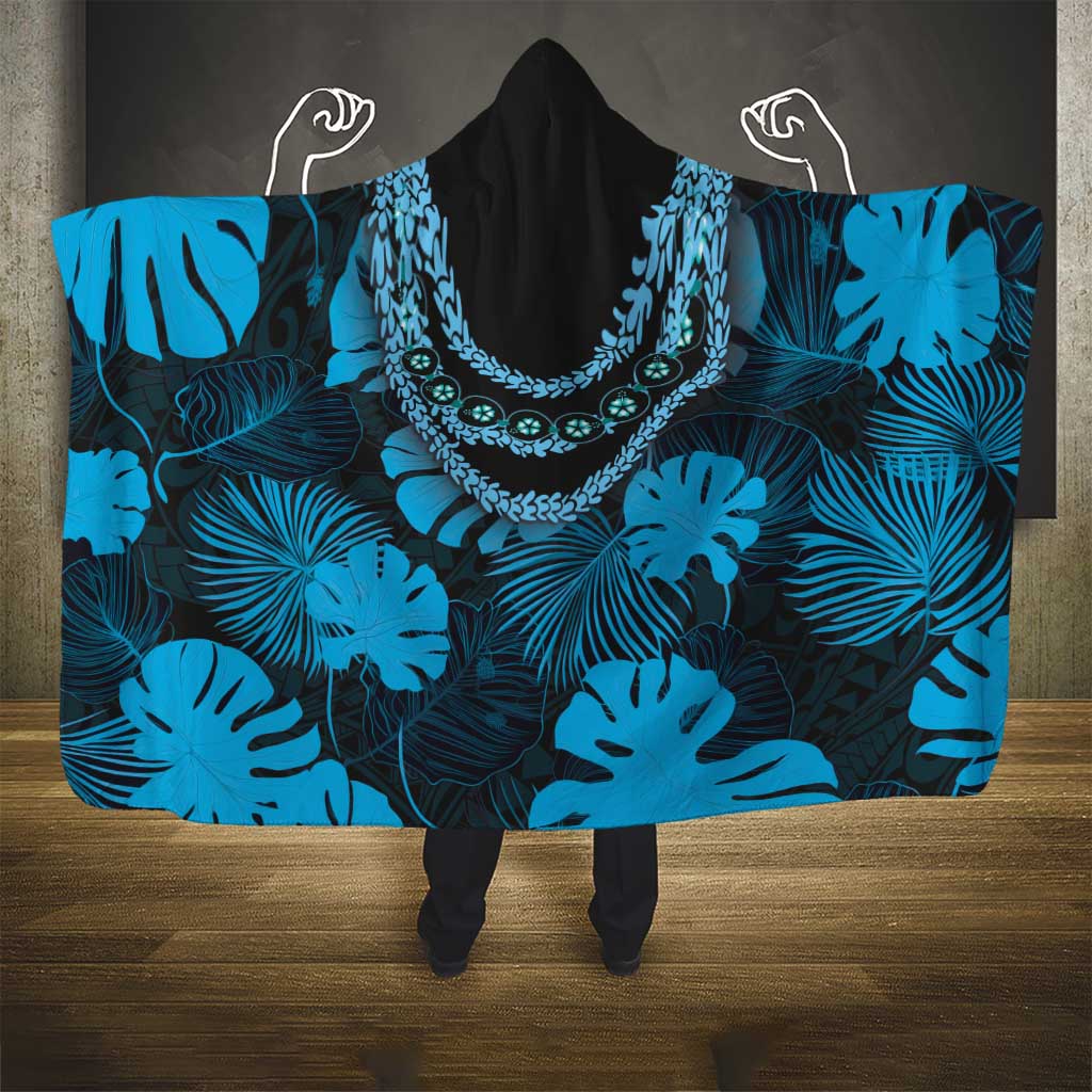 Blue Hawaii Kukui Nut Lei Hooded Blanket Hawaiian Pattern Monstera Tropical Vibes LT14 - Polynesian Pride