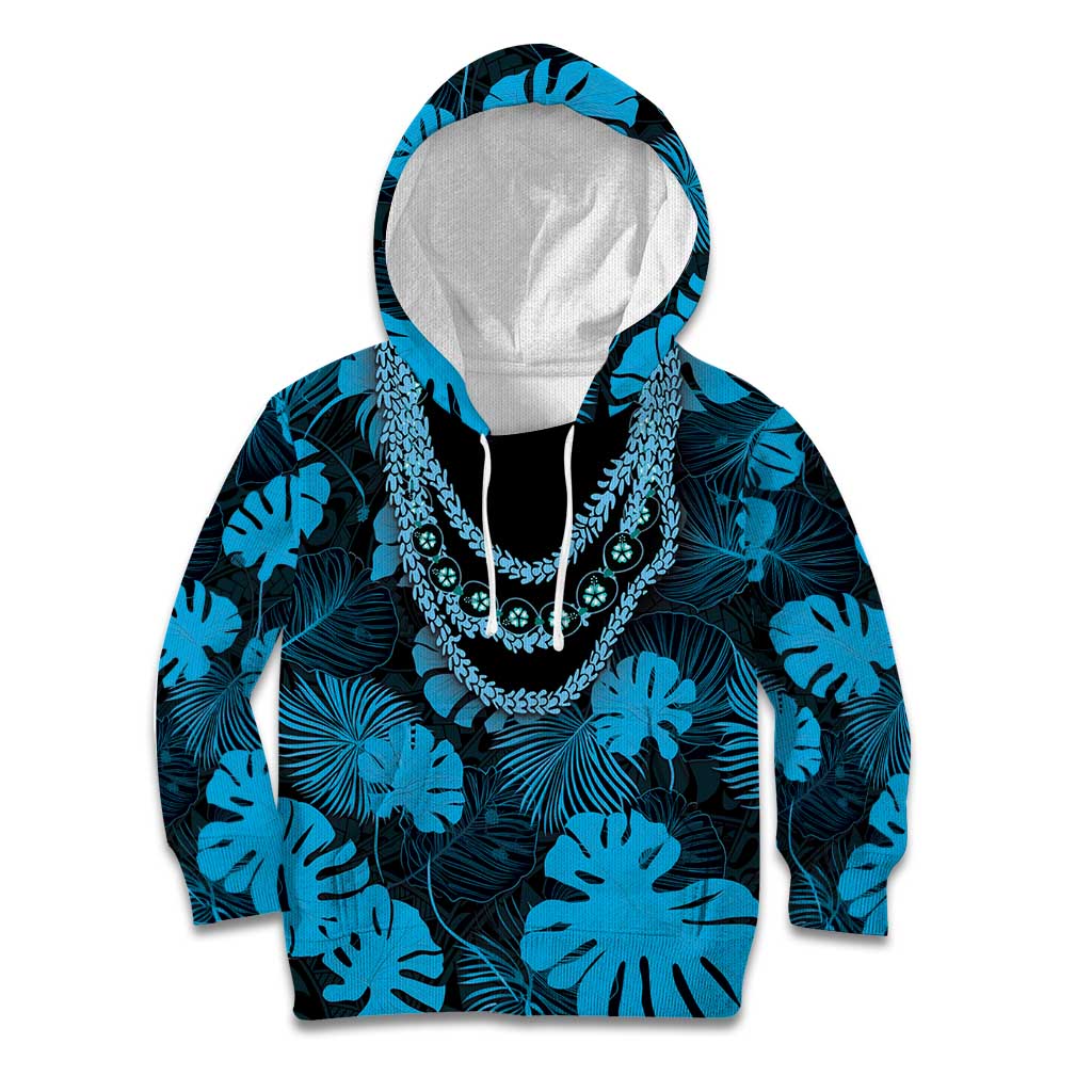 Blue Hawaii Kukui Nut Lei Kid Hoodie Hawaiian Pattern Monstera Tropical Vibes - Polynesian Pride