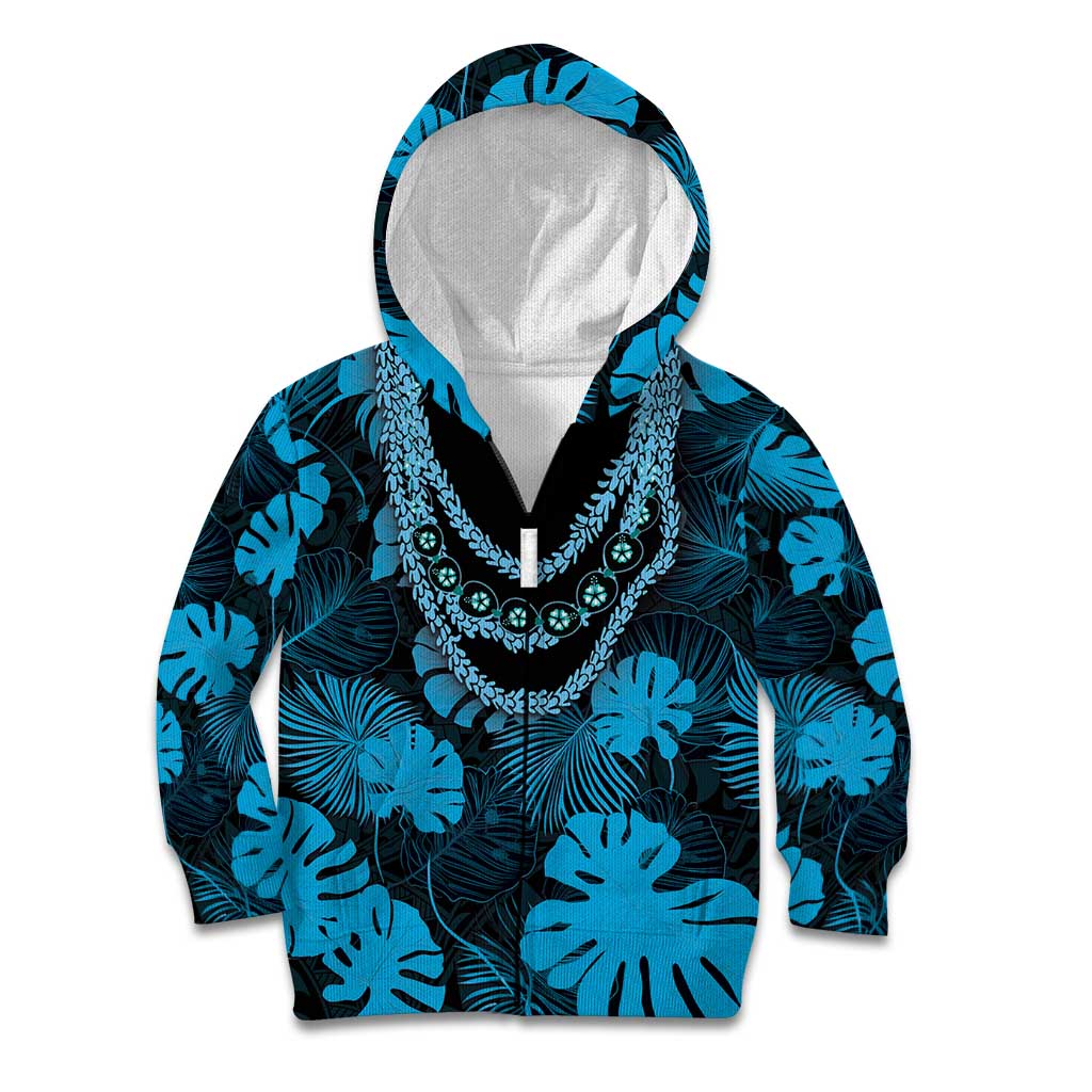 Blue Hawaii Kukui Nut Lei Kid Hoodie Hawaiian Pattern Monstera Tropical Vibes - Polynesian Pride