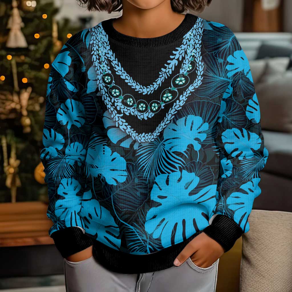 Blue Hawaii Kukui Nut Lei Kid Ugly Christmas Sweater Hawaiian Pattern Monstera Tropical Vibes LT14 - Polynesian Pride
