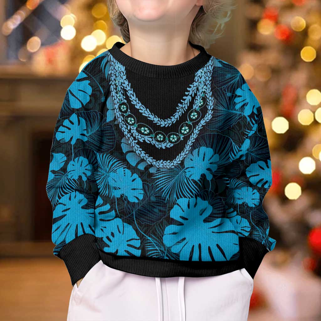 Blue Hawaii Kukui Nut Lei Kid Ugly Christmas Sweater Hawaiian Pattern Monstera Tropical Vibes LT14 - Polynesian Pride