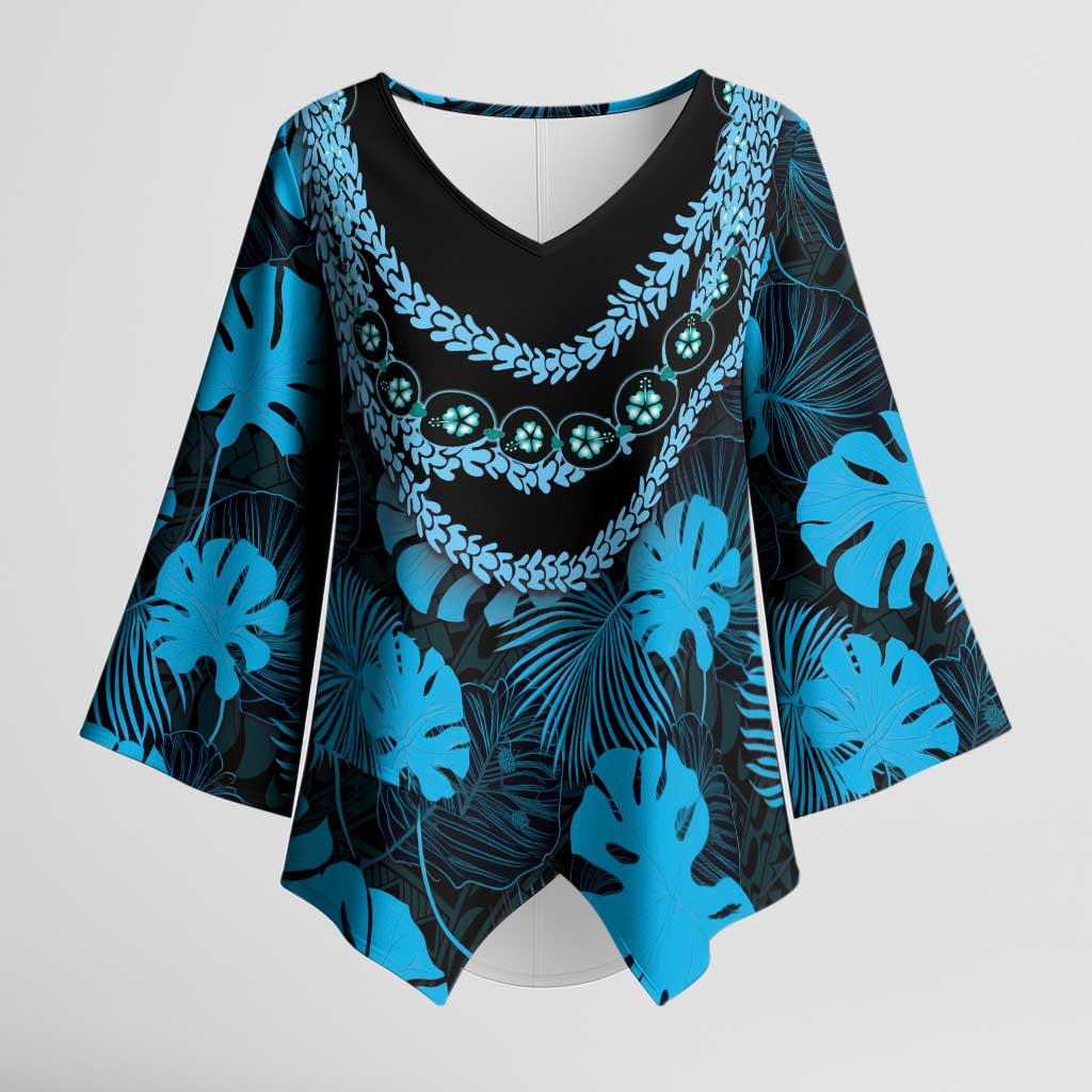 Blue Hawaii Kukui Nut Lei Kimono Sleeve Blouse Hawaiian Pattern Monstera Tropical Vibes LT14 Female Blue - Polynesian Pride