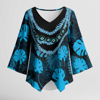 Blue Hawaii Kukui Nut Lei Kimono Sleeve Blouse Hawaiian Pattern Monstera Tropical Vibes LT14 Female Blue - Polynesian Pride