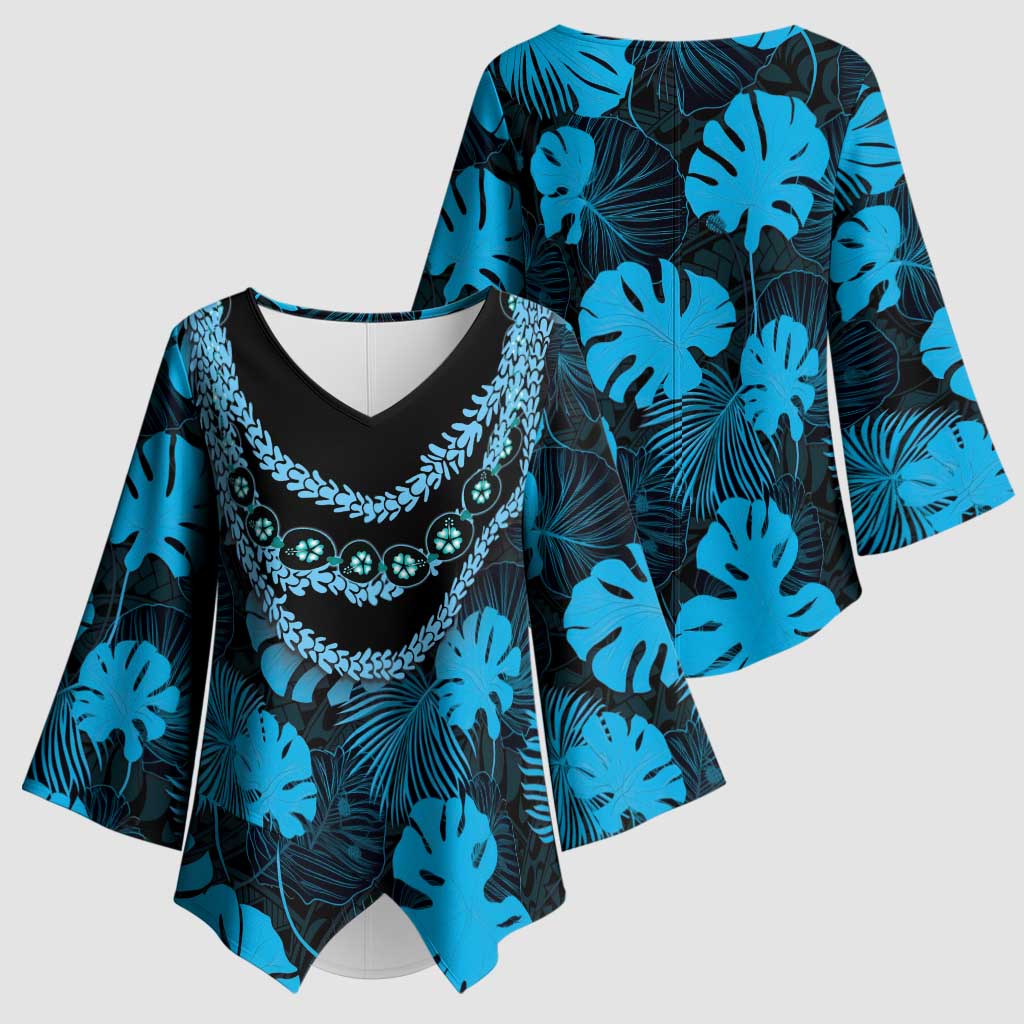 Blue Hawaii Kukui Nut Lei Kimono Sleeve Blouse Hawaiian Pattern Monstera Tropical Vibes LT14 - Polynesian Pride