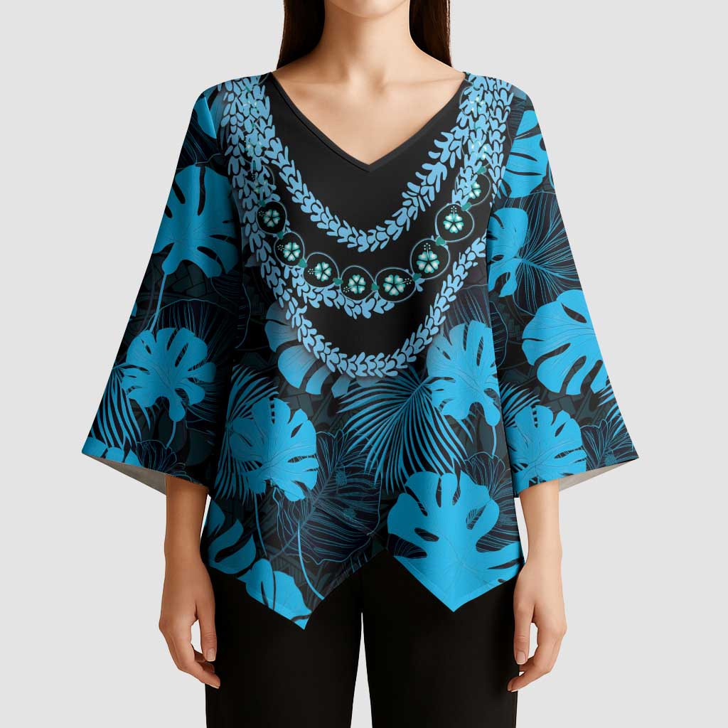 Blue Hawaii Kukui Nut Lei Kimono Sleeve Blouse Hawaiian Pattern Monstera Tropical Vibes LT14 - Polynesian Pride