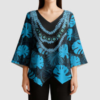 Blue Hawaii Kukui Nut Lei Kimono Sleeve Blouse Hawaiian Pattern Monstera Tropical Vibes LT14 - Polynesian Pride