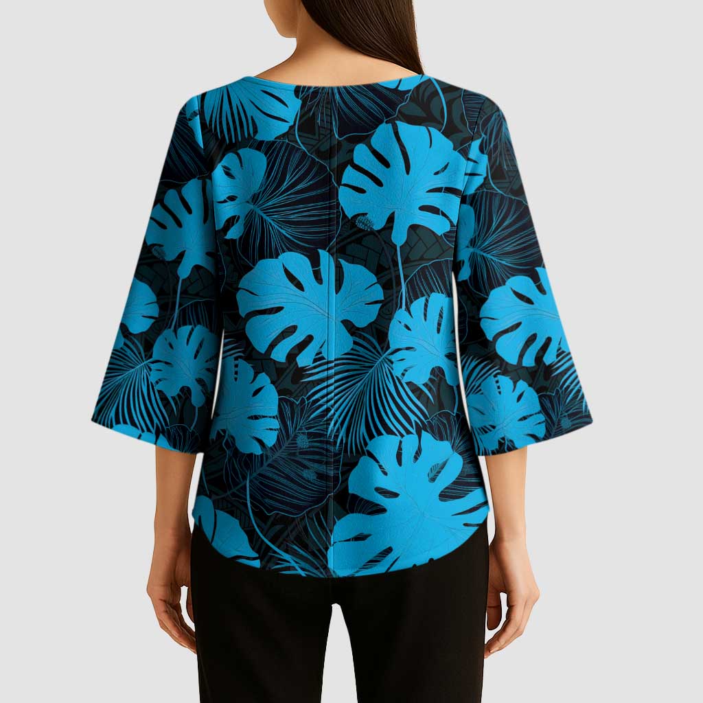 Blue Hawaii Kukui Nut Lei Kimono Sleeve Blouse Hawaiian Pattern Monstera Tropical Vibes LT14 - Polynesian Pride
