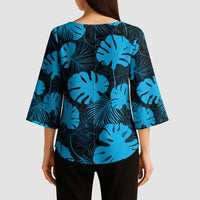 Blue Hawaii Kukui Nut Lei Kimono Sleeve Blouse Hawaiian Pattern Monstera Tropical Vibes LT14 - Polynesian Pride