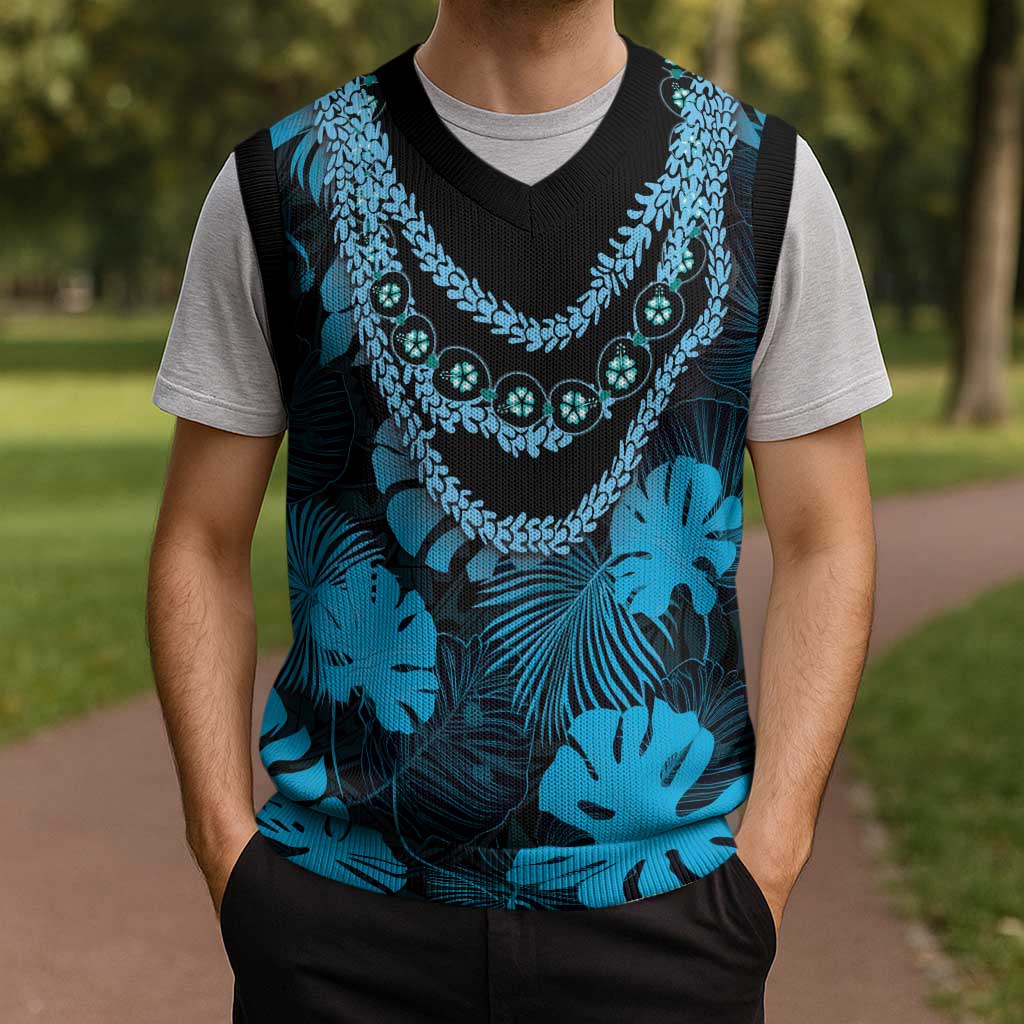 Blue Hawaii Kukui Nut Lei Christmas Knitted V-Neck Vest Hawaiian Pattern Monstera Tropical Vibes LT14 - Polynesian Pride