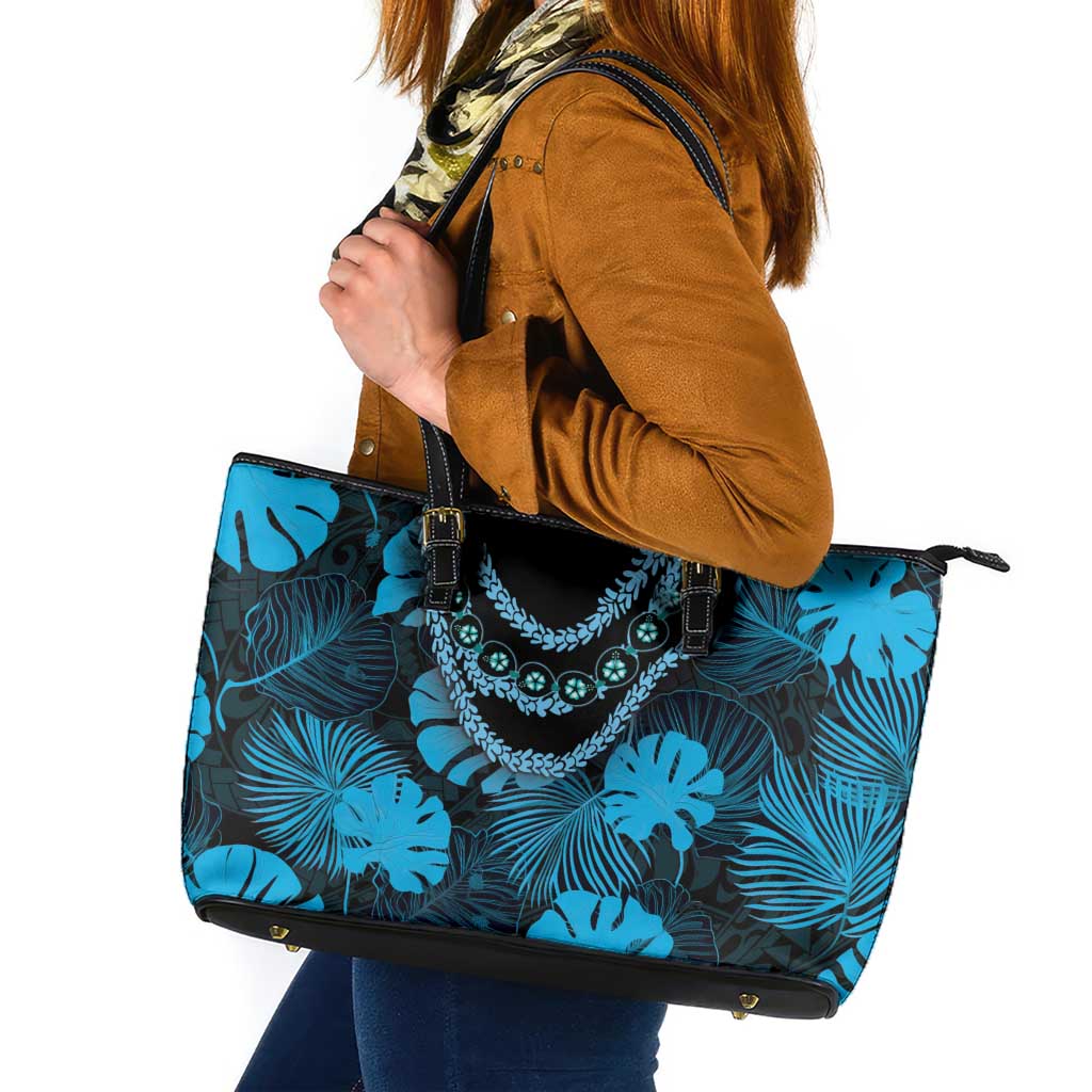 Blue Hawaii Kukui Nut Lei Leather Tote Bag Hawaiian Pattern Monstera Tropical Vibes - Polynesian Pride