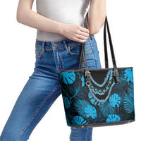 Blue Hawaii Kukui Nut Lei Leather Tote Bag Hawaiian Pattern Monstera Tropical Vibes - Polynesian Pride