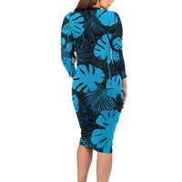 Blue Hawaii Kukui Nut Lei Long Sleeve Bodycon Dress Hawaiian Pattern Monstera Tropical Vibes - Polynesian Pride