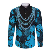 Blue Hawaii Kukui Nut Lei Long Sleeve Button Shirt Hawaiian Pattern Monstera Tropical Vibes LT14 Unisex Blue - Polynesian Pride