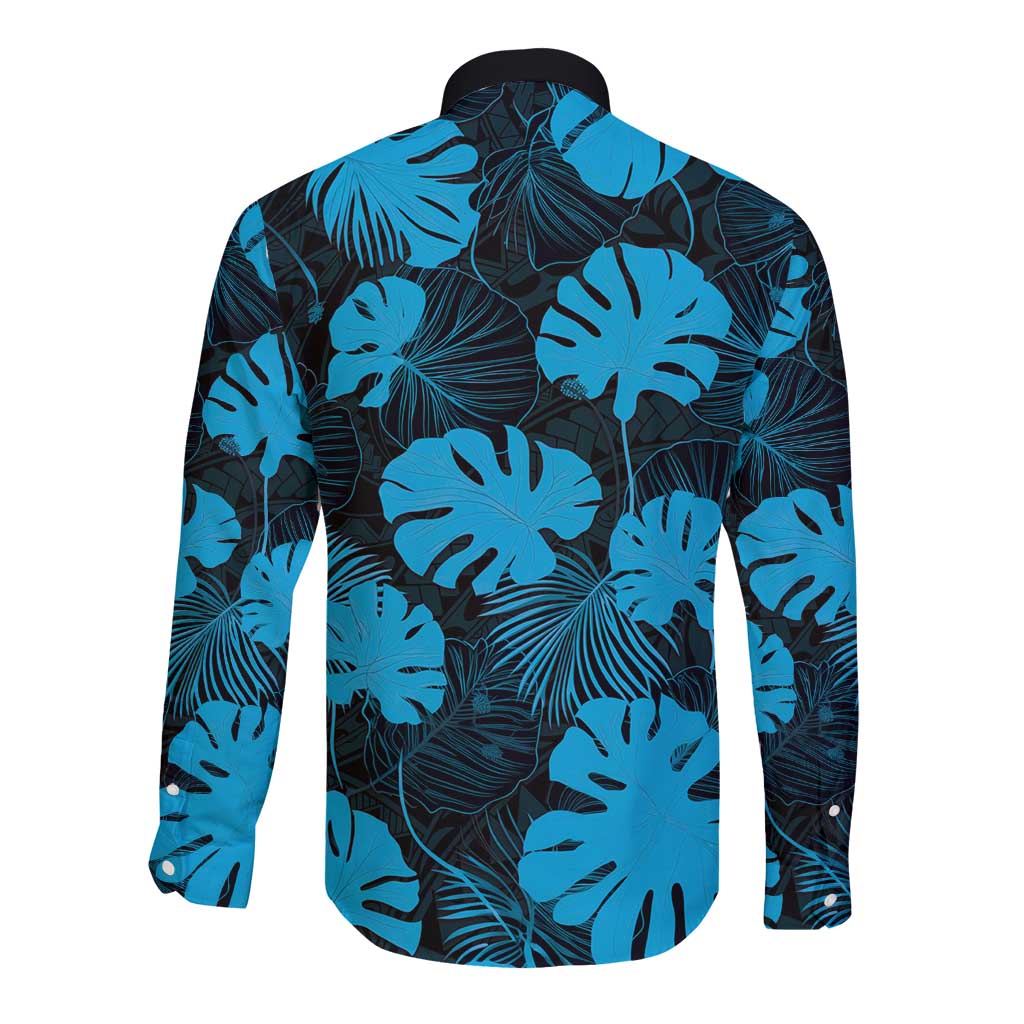 Blue Hawaii Kukui Nut Lei Long Sleeve Button Shirt Hawaiian Pattern Monstera Tropical Vibes LT14 - Polynesian Pride