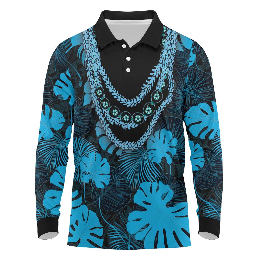Blue Hawaii Kukui Nut Lei Long Sleeve Polo Shirt Hawaiian Pattern Monstera Tropical Vibes LT14 Blue - Polynesian Pride