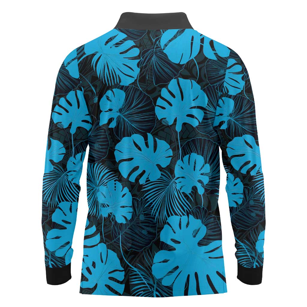 Blue Hawaii Kukui Nut Lei Long Sleeve Polo Shirt Hawaiian Pattern Monstera Tropical Vibes LT14 - Polynesian Pride