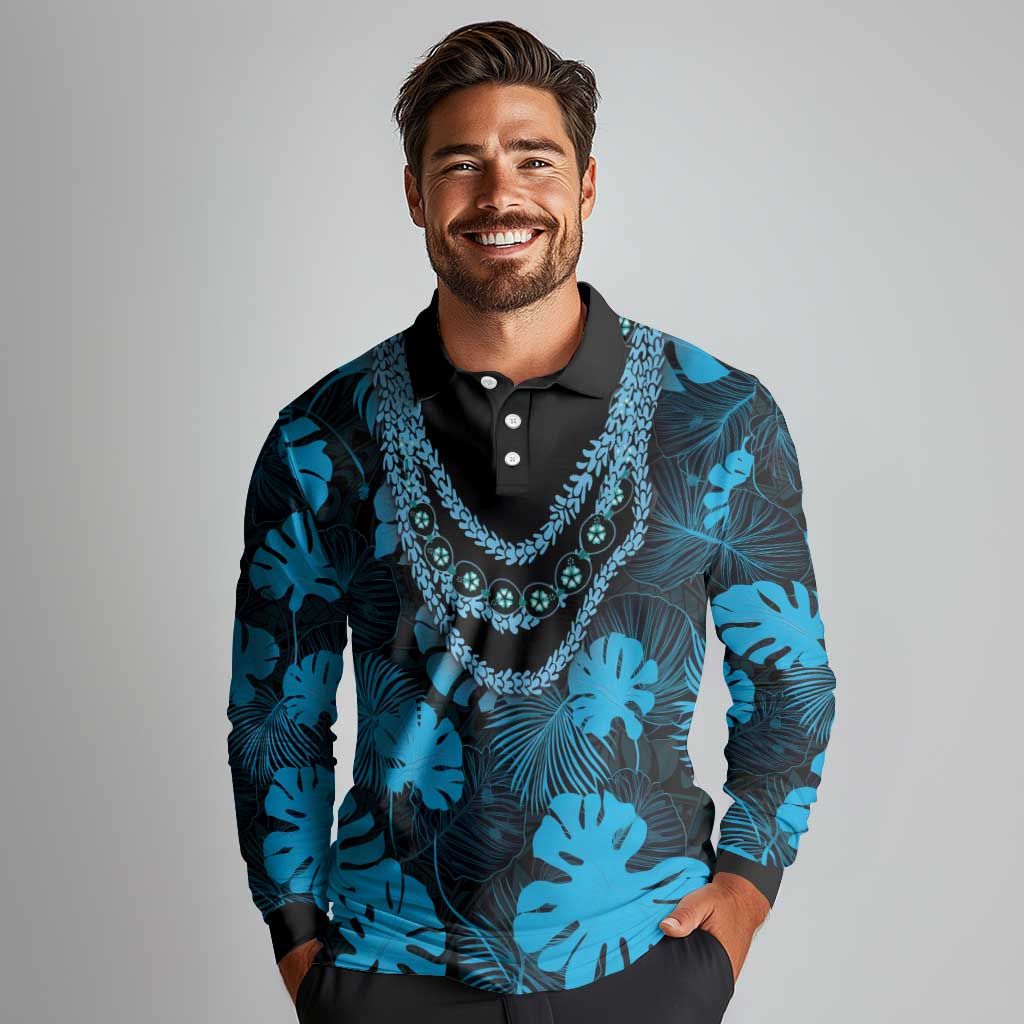 Blue Hawaii Kukui Nut Lei Long Sleeve Polo Shirt Hawaiian Pattern Monstera Tropical Vibes LT14 - Polynesian Pride