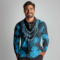 Blue Hawaii Kukui Nut Lei Long Sleeve Polo Shirt Hawaiian Pattern Monstera Tropical Vibes LT14 - Polynesian Pride