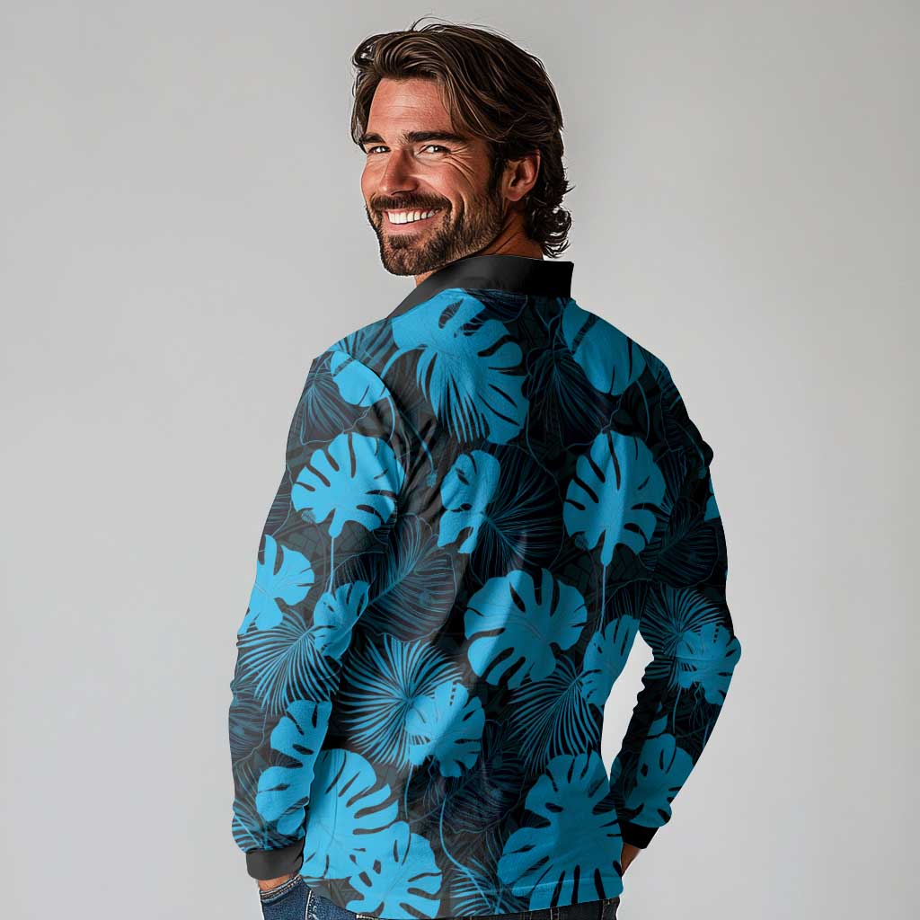 Blue Hawaii Kukui Nut Lei Long Sleeve Polo Shirt Hawaiian Pattern Monstera Tropical Vibes LT14 - Polynesian Pride