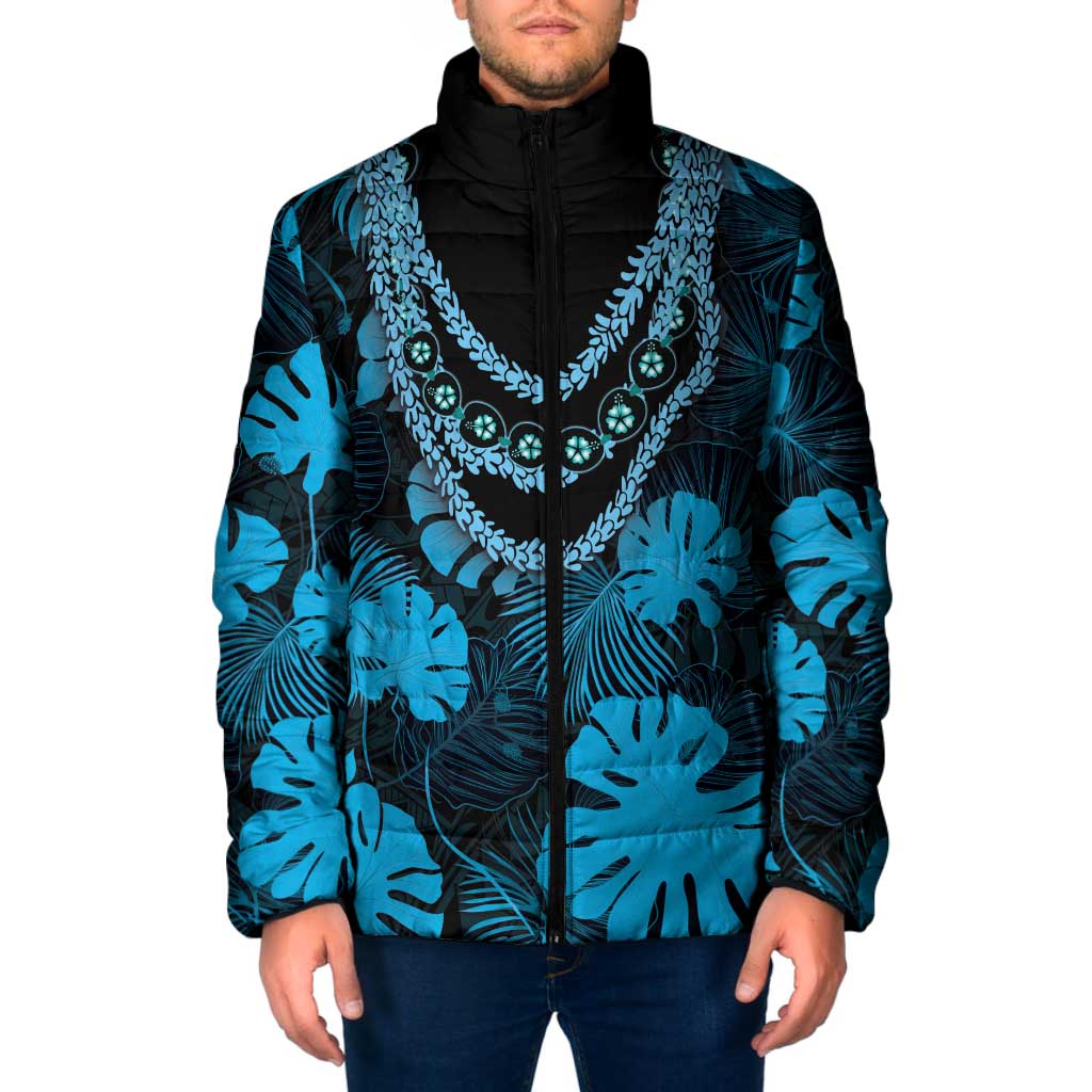 Blue Hawaii Kukui Nut Lei Padded Jacket Hawaiian Pattern Monstera Tropical Vibes LT14 Men Blue - Polynesian Pride