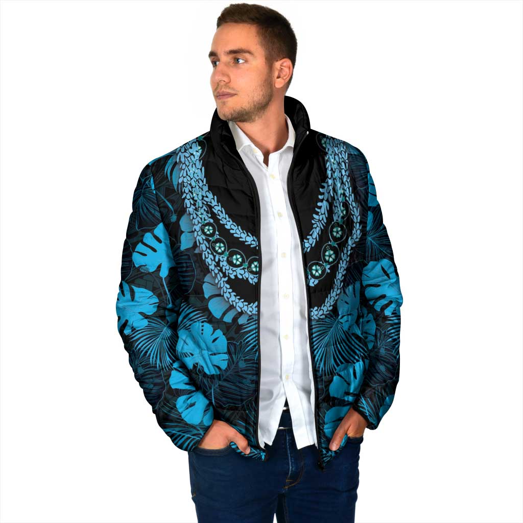 Blue Hawaii Kukui Nut Lei Padded Jacket Hawaiian Pattern Monstera Tropical Vibes LT14 - Polynesian Pride