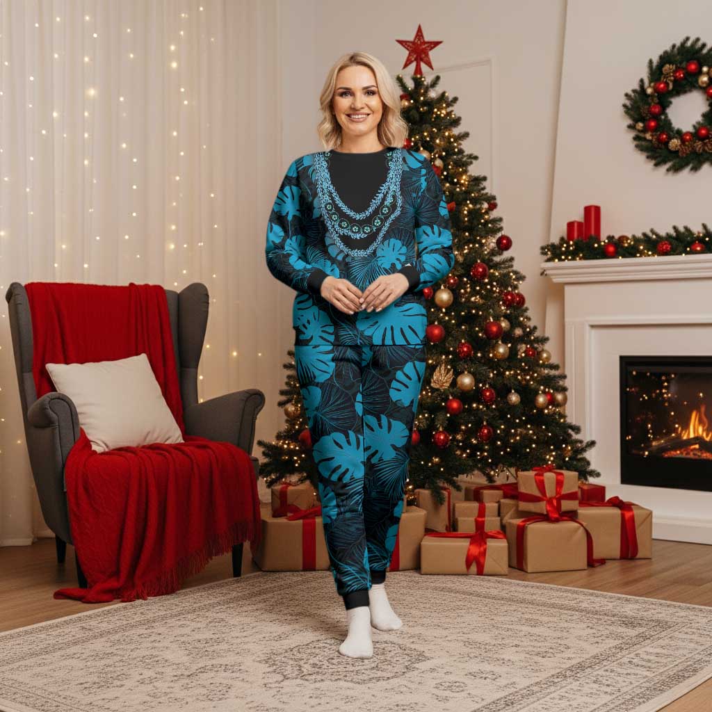 Blue Hawaii Kukui Nut Lei Christmas Pajama Set Hawaiian Pattern Monstera Tropical Vibes LT14 Women Blue - Polynesian Pride