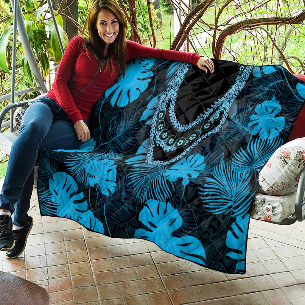 Blue Hawaii Kukui Nut Lei Quilt Hawaiian Pattern Monstera Tropical Vibes - Polynesian Pride