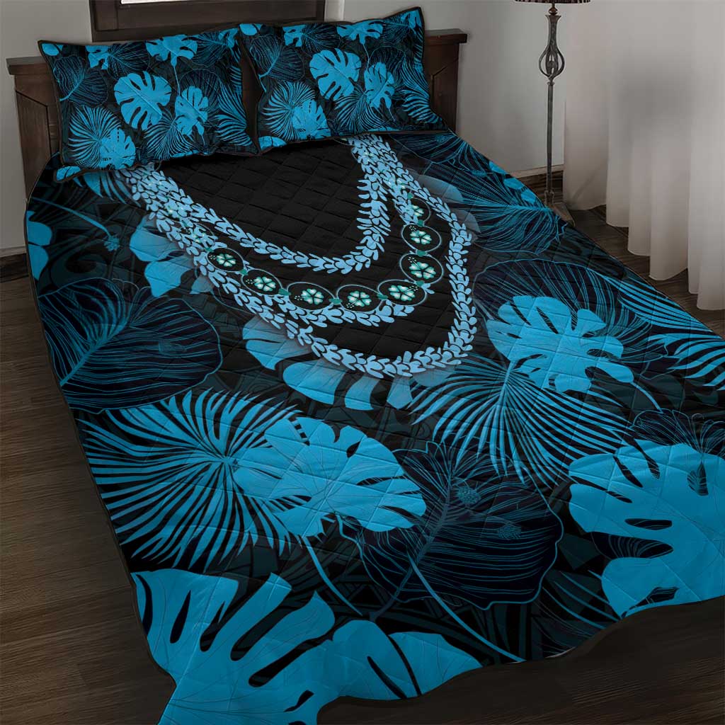 Blue Hawaii Kukui Nut Lei Quilt Bed Set Hawaiian Pattern Monstera Tropical Vibes - Polynesian Pride