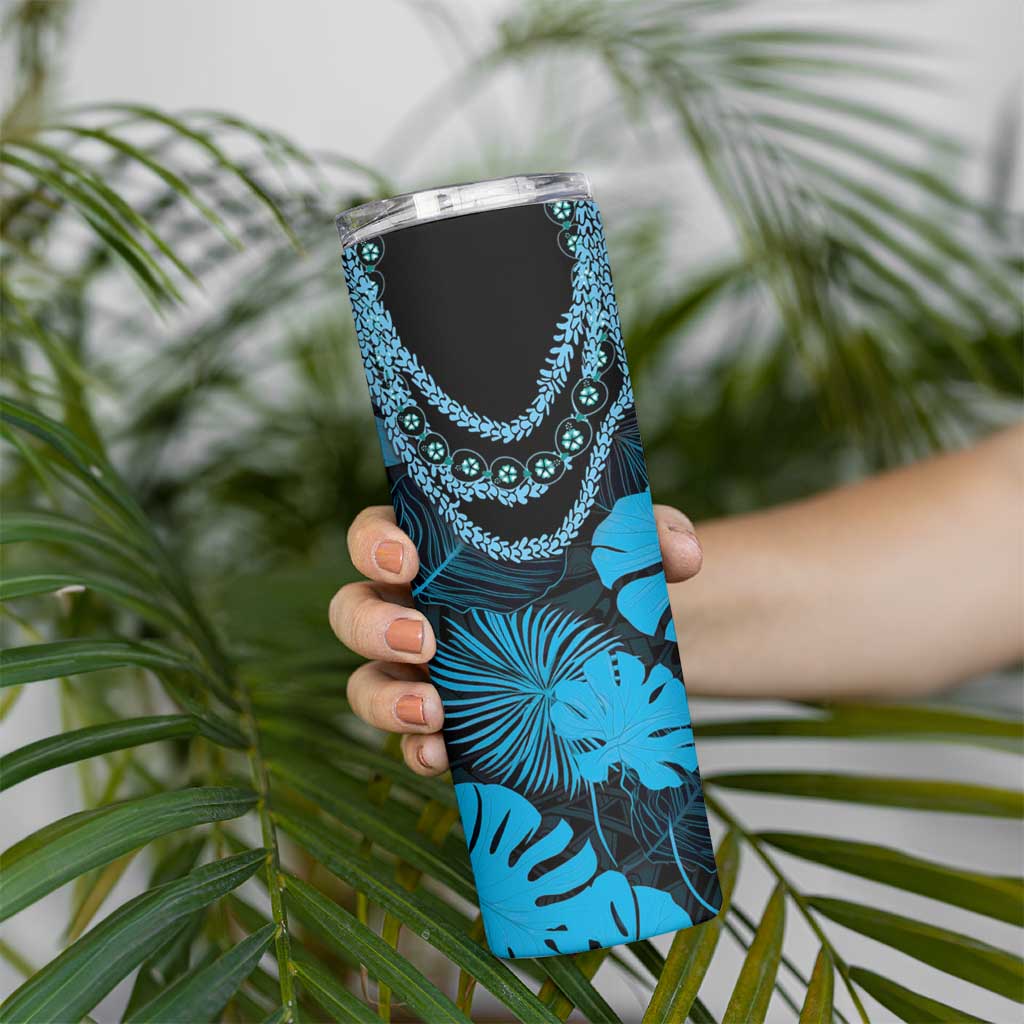 Blue Hawaii Kukui Nut Lei Skinny Tumbler Hawaiian Pattern Monstera Tropical Vibes - Polynesian Pride