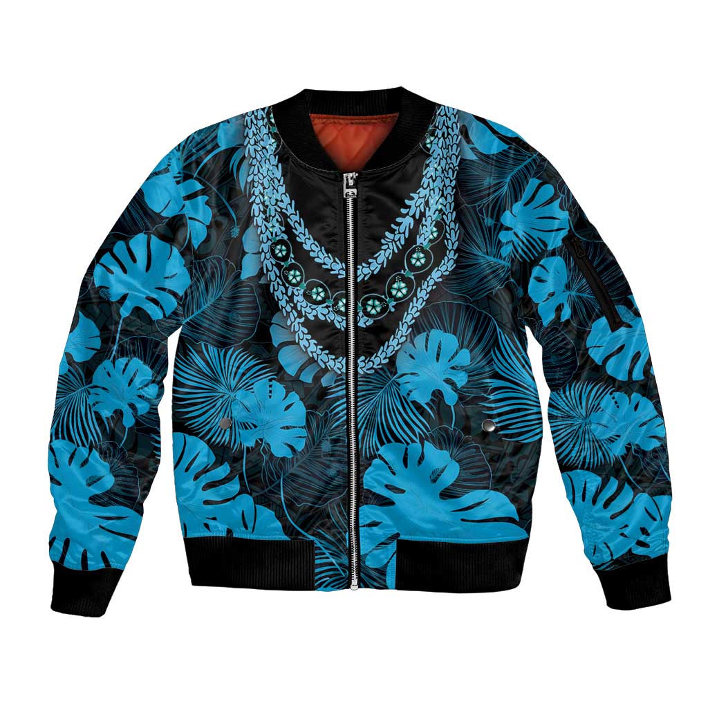 Blue Hawaii Kukui Nut Lei Sleeve Zip Bomber Jacket Hawaiian Pattern Monstera Tropical Vibes - Polynesian Pride