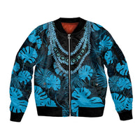 Blue Hawaii Kukui Nut Lei Sleeve Zip Bomber Jacket Hawaiian Pattern Monstera Tropical Vibes LT14 Unisex Blue - Polynesian Pride