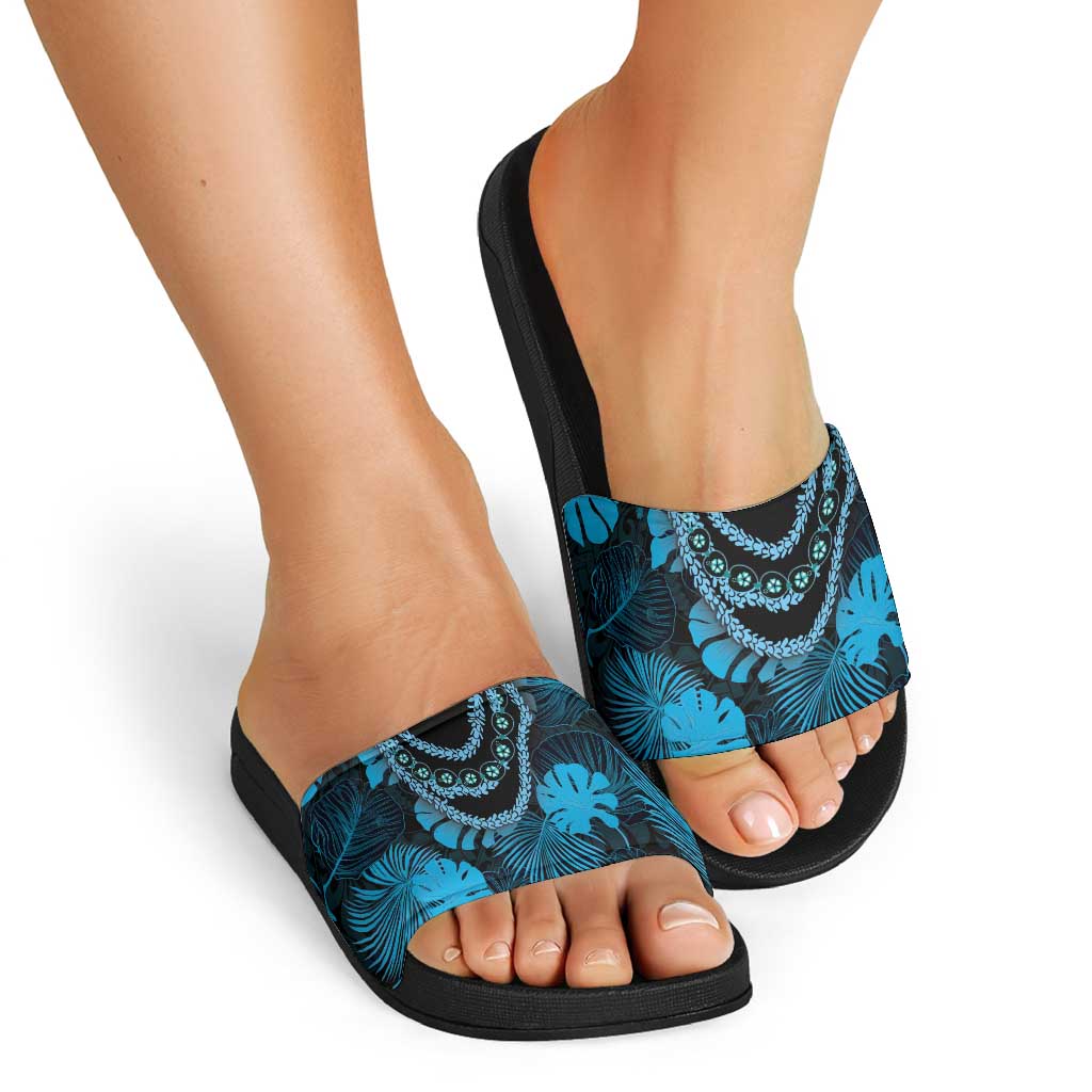 Blue Hawaii Kukui Nut Lei Slide Sandals Hawaiian Pattern Monstera Tropical Vibes - Polynesian Pride