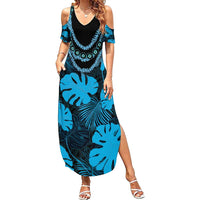 Blue Hawaii Kukui Nut Lei Summer Maxi Dress Hawaiian Pattern Monstera Tropical Vibes - Polynesian Pride