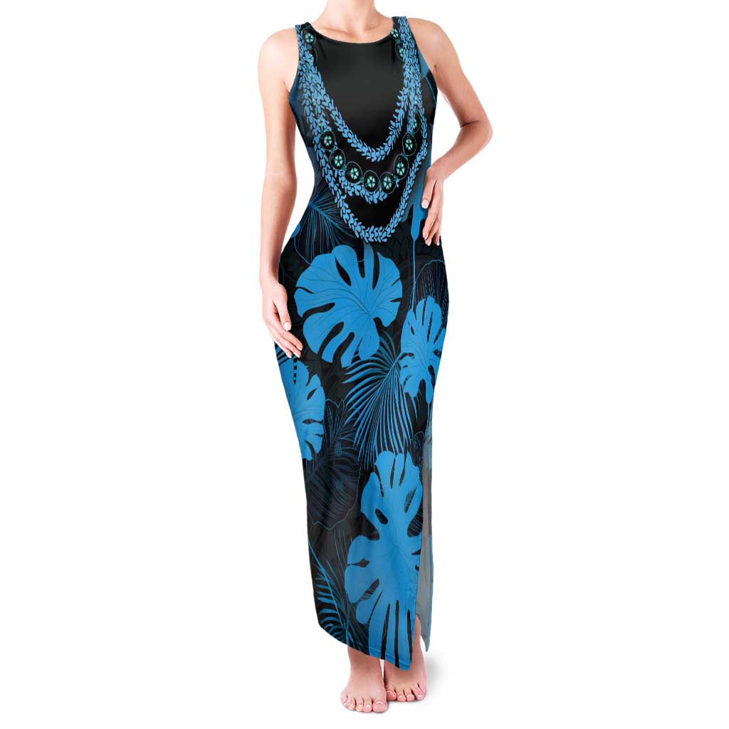 Blue Hawaii Kukui Nut Lei Tank Maxi Dress Hawaiian Pattern Monstera Tropical Vibes - Polynesian Pride