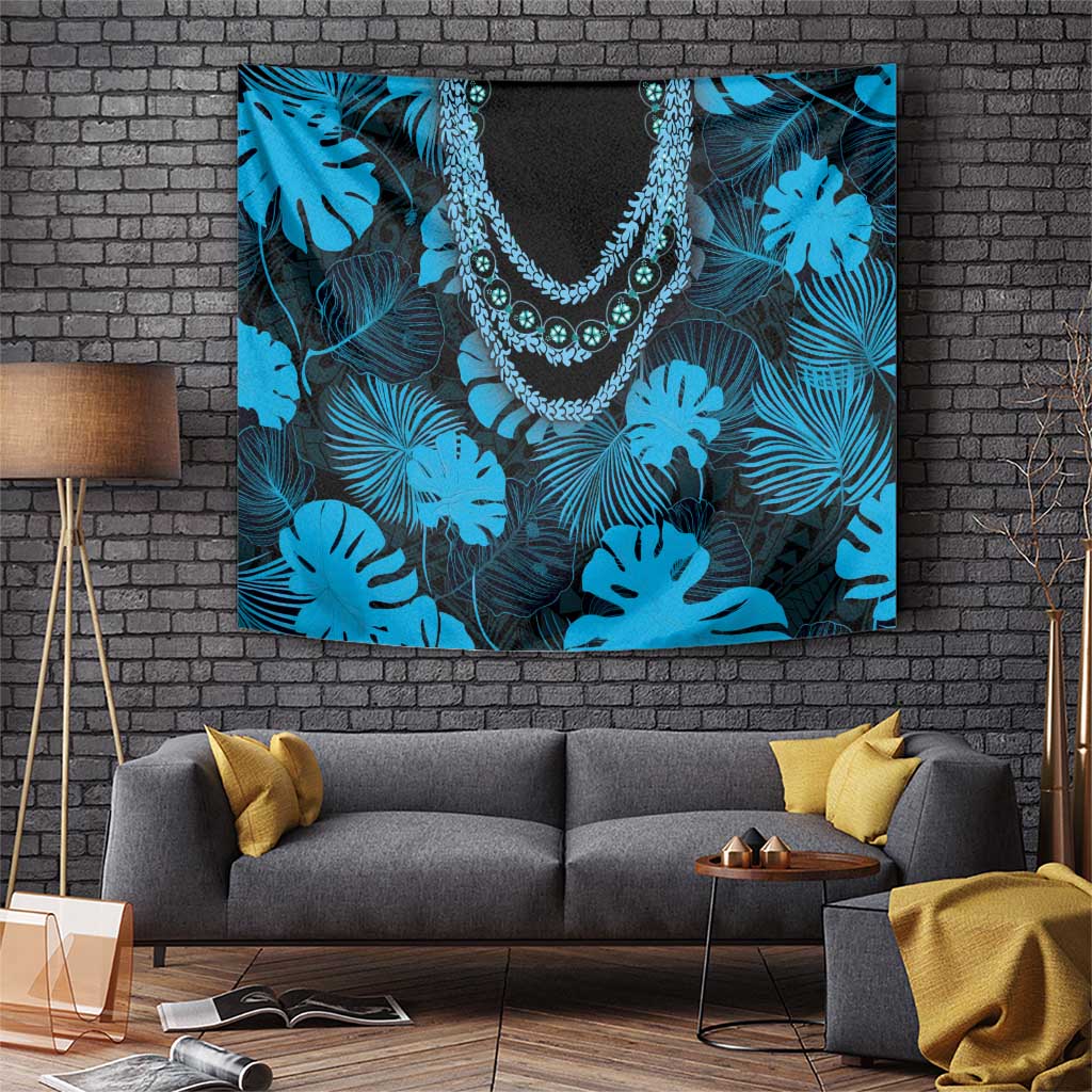 Blue Hawaii Kukui Nut Lei Tapestry Hawaiian Pattern Monstera Tropical Vibes - Polynesian Pride