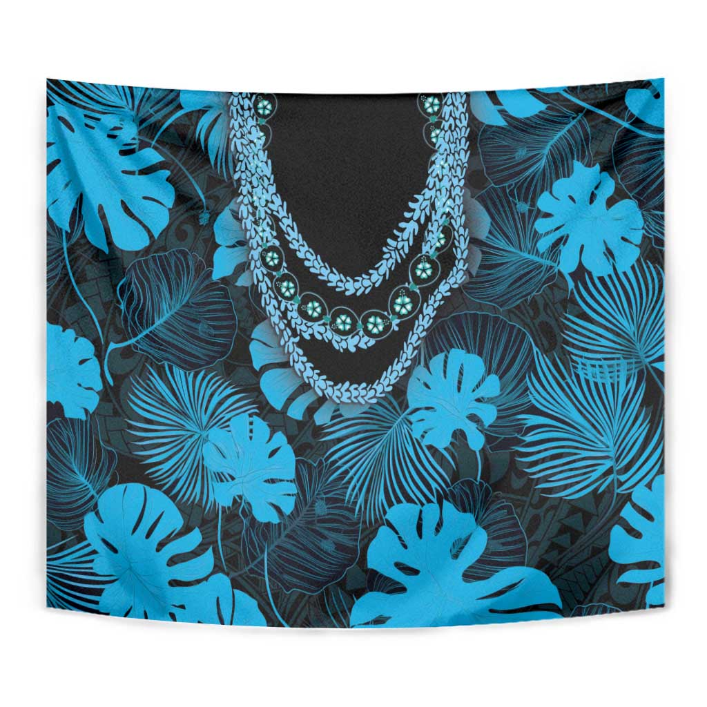 Blue Hawaii Kukui Nut Lei Tapestry Hawaiian Pattern Monstera Tropical Vibes - Polynesian Pride