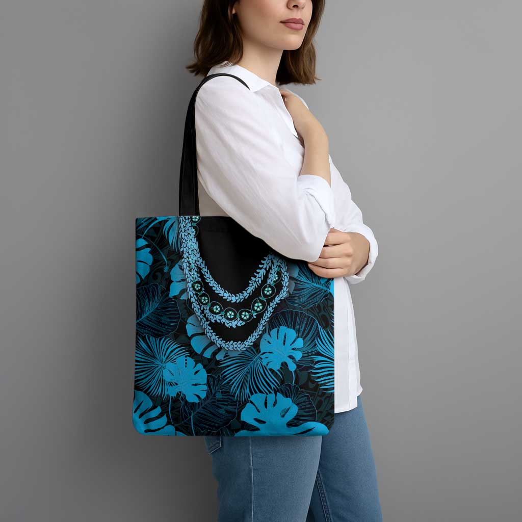 Blue Hawaii Kukui Nut Lei Tote Bag Hawaiian Pattern Monstera Tropical Vibes - Polynesian Pride