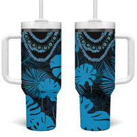 Blue Hawaii Kukui Nut Lei Tumbler With Handle Hawaiian Pattern Monstera Tropical Vibes - Polynesian Pride
