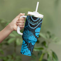 Blue Hawaii Kukui Nut Lei Tumbler With Handle Hawaiian Pattern Monstera Tropical Vibes - Polynesian Pride
