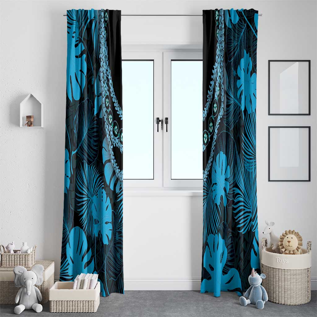 Blue Hawaii Kukui Nut Lei Window Curtain Hawaiian Pattern Monstera Tropical Vibes - Polynesian Pride