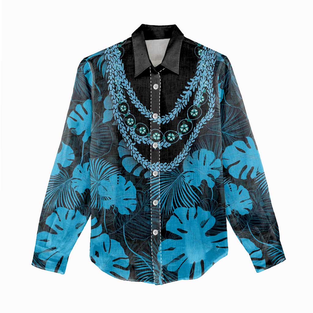 Blue Hawaii Kukui Nut Lei Women Casual Shirt Hawaiian Pattern Monstera Tropical Vibes - Polynesian Pride