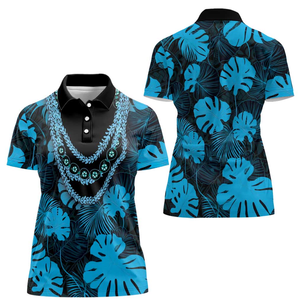 Blue Hawaii Kukui Nut Lei Women Polo Shirt Hawaiian Pattern Monstera Tropical Vibes LT14 - Polynesian Pride