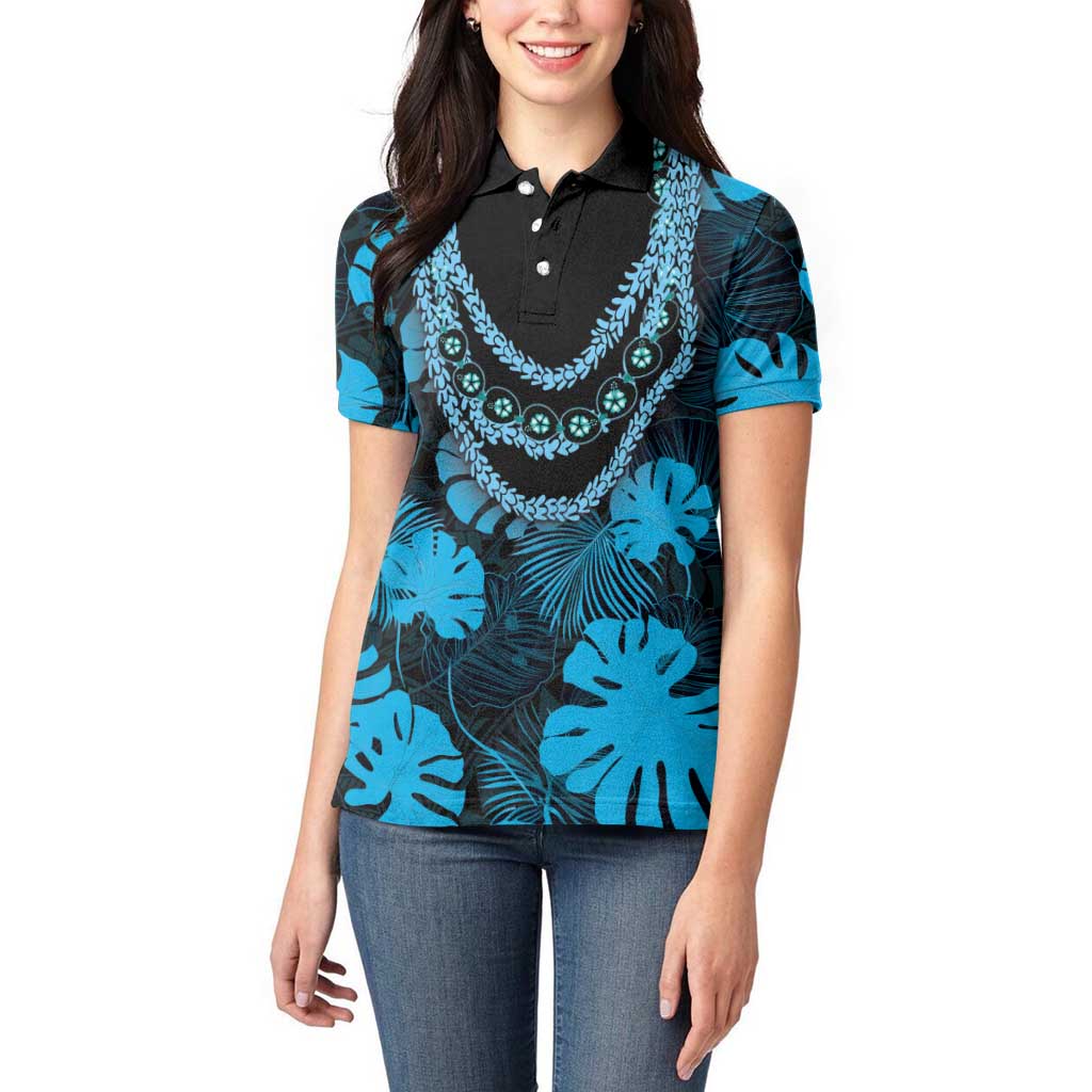 Blue Hawaii Kukui Nut Lei Women Polo Shirt Hawaiian Pattern Monstera Tropical Vibes LT14 - Polynesian Pride